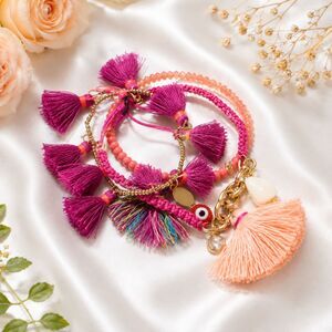 Express Pink Tassel Evil Eye Boho Bracelet Set of 3 NWT